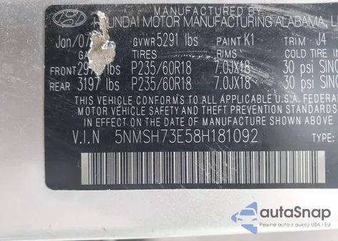 2008 Hyundai Santa Fe Limited/Se из США, поврежденный, VIN 5NMSH73E58H181092